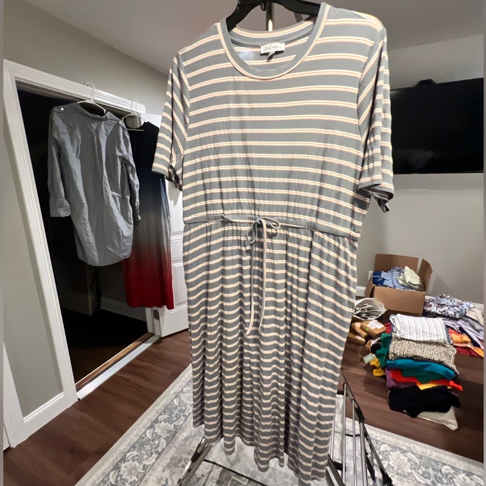 Cotton stretch boutique dress. Gray with white and peach stripes.